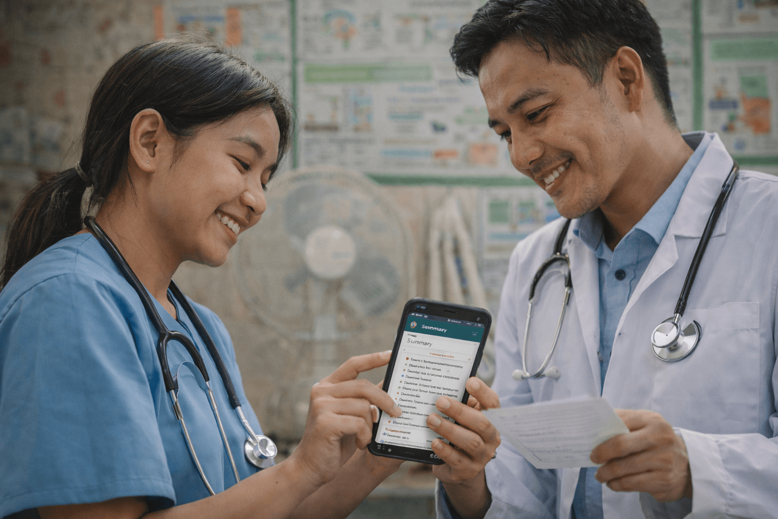 Nurse and doctor reviewing a clear summary