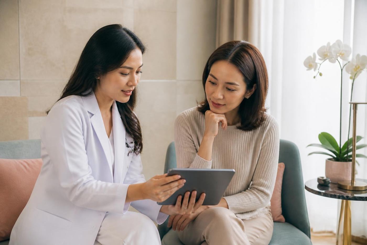 A practitioner and client review a treatment plan in a calm aesthetic clinic