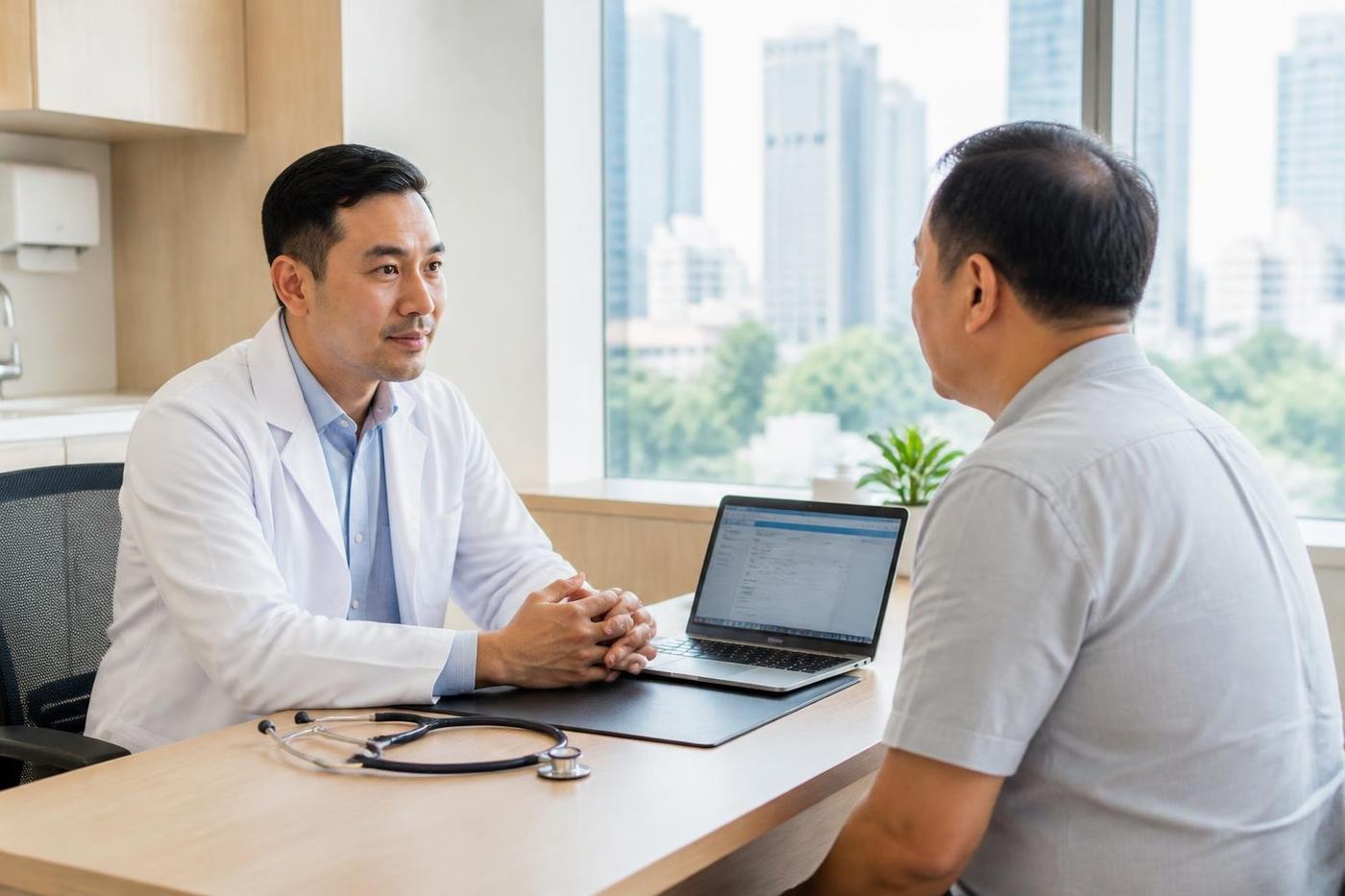 A doctor listens to a patient in a modern Jakarta clinic, a medical record open on the laptop