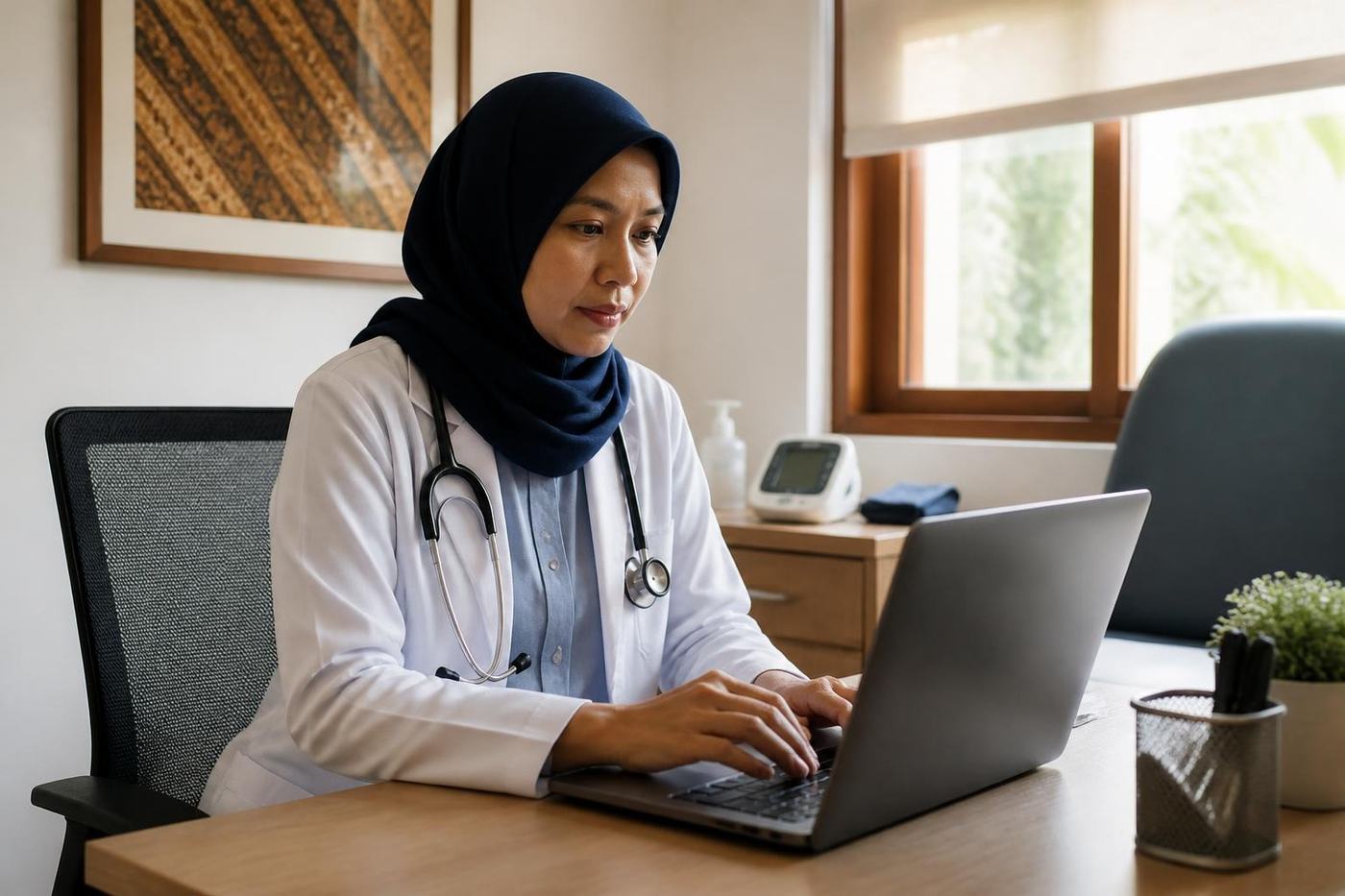 A doctor in a Yogyakarta practice works at her laptop with an EMR open and a side panel beside it