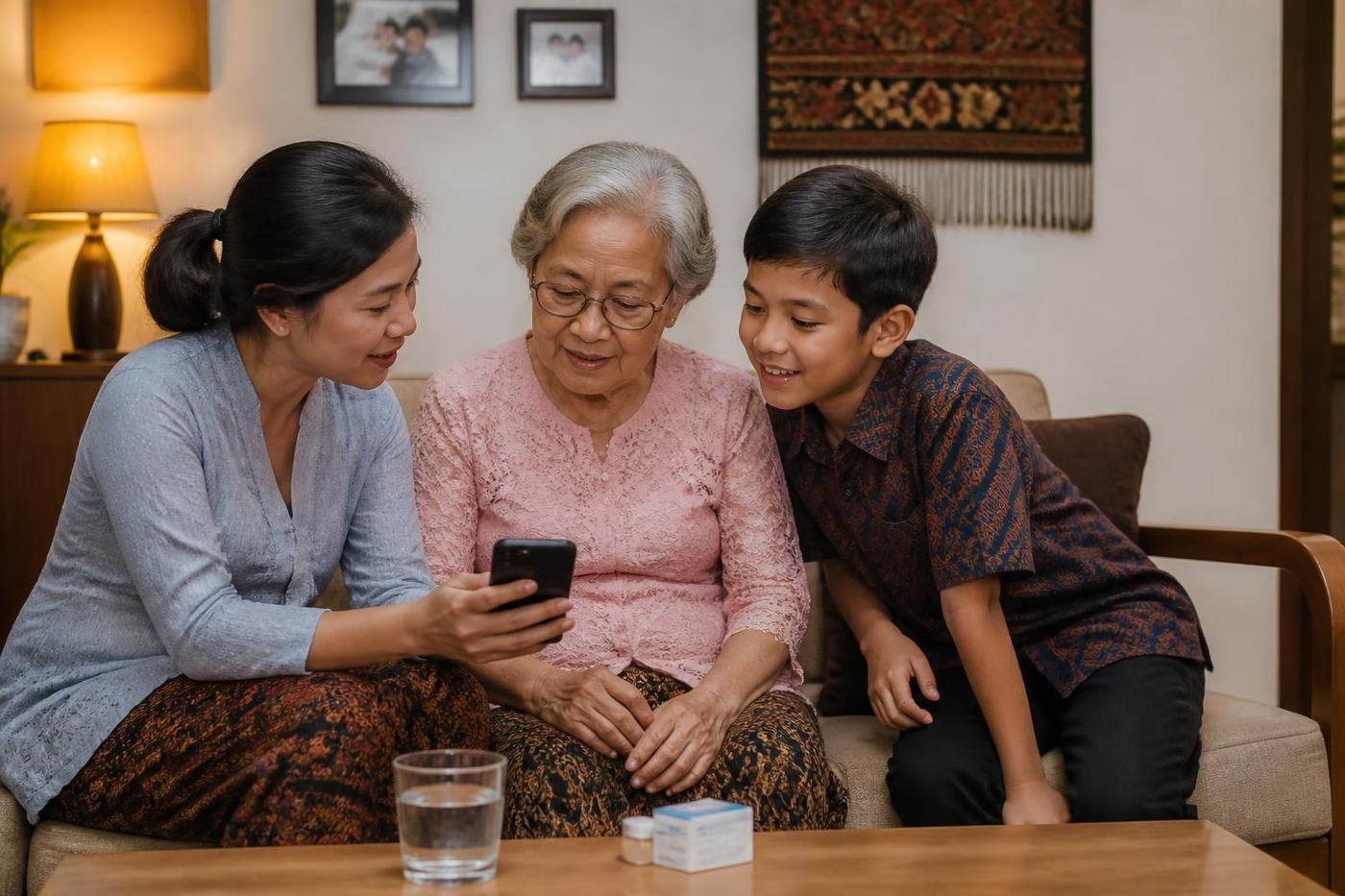 A daughter shows her mother a medicine reminder on a phone at home in Bandung