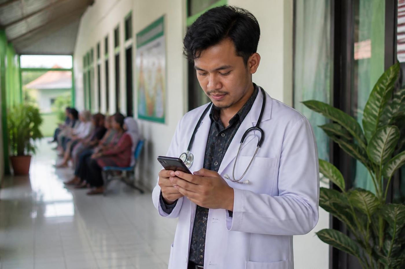 A doctor reads clinical guidance on his phone in a puskesmas corridor in South Sulawesi